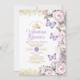 Butterfly Quinceañera 15 Anos Purple Floral Crown Invitation