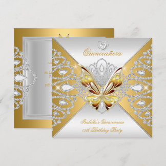 Butterfly Quinceanera 15th Party Gold Silver Tiara Invitation