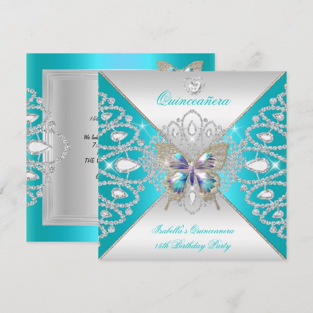 Butterfly Quinceanera 15th Teal Silver Tiara 2 Invitation (Front/Back)