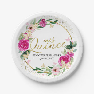 Butterfly Quinceanera Paper Plates Hot Pink Floral
