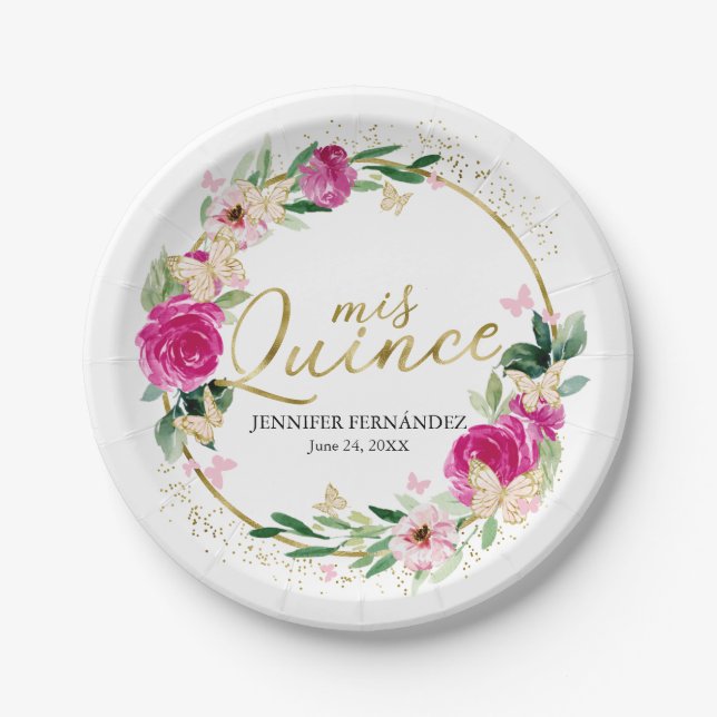 Butterfly Quinceanera Paper Plates Hot Pink Floral (Front)