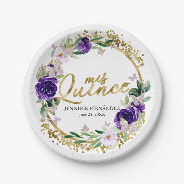 Butterfly Quinceanera Paper Plates Purple Floral (Front)