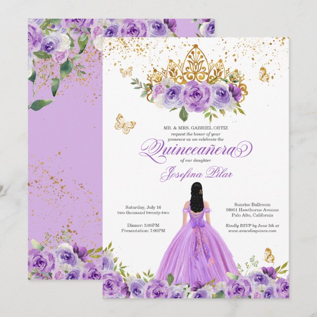 Butterfly Quinceañera Purple Watercolor Flowers In Invitation (Front/Back)