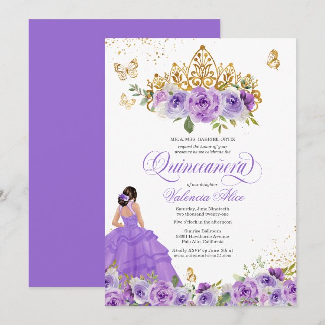 Butterfly Quinceañera + Purple Watercolor Flowers  Invitation (Front/Back)
