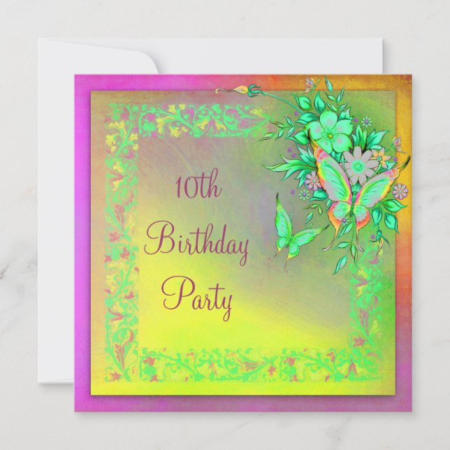Butterfly Rainbow Girls 10th Birthday Party Invitation (Front)