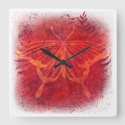 Butterfly Red Abstract Distressed Grunge Art Square Wall Clock