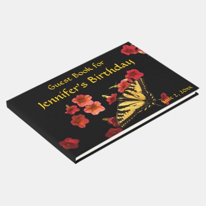 Butterfly Red Flowers Birthday Party Guest Book