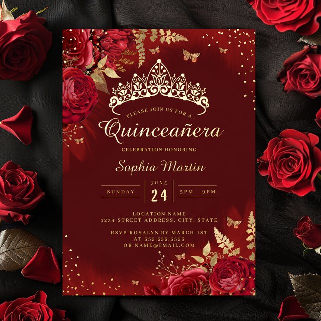 Butterfly Red Gold Floral Quinceanera  Foil Invitation (Creator Uploaded)