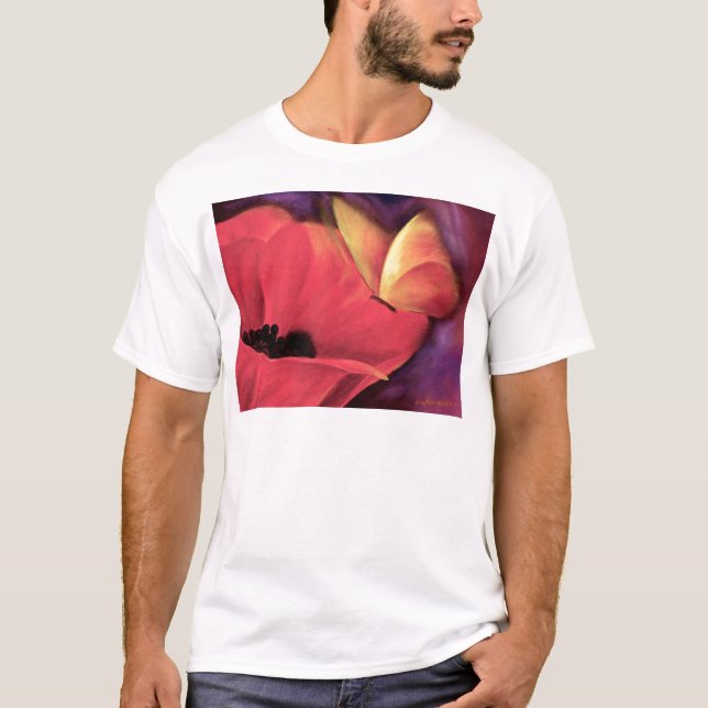 Butterfly Red Poppy Art Floral Painting - Multi T-Shirt (Front)