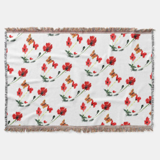 Butterfly Red Poppy Flower Nature Throw Blanket