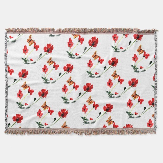 Butterfly Red Poppy Flower Nature Throw Blanket (Front)