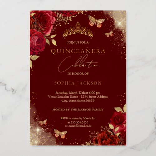 Butterfly Red Rose Gold Tiara Quinceanera  Foil Invitation