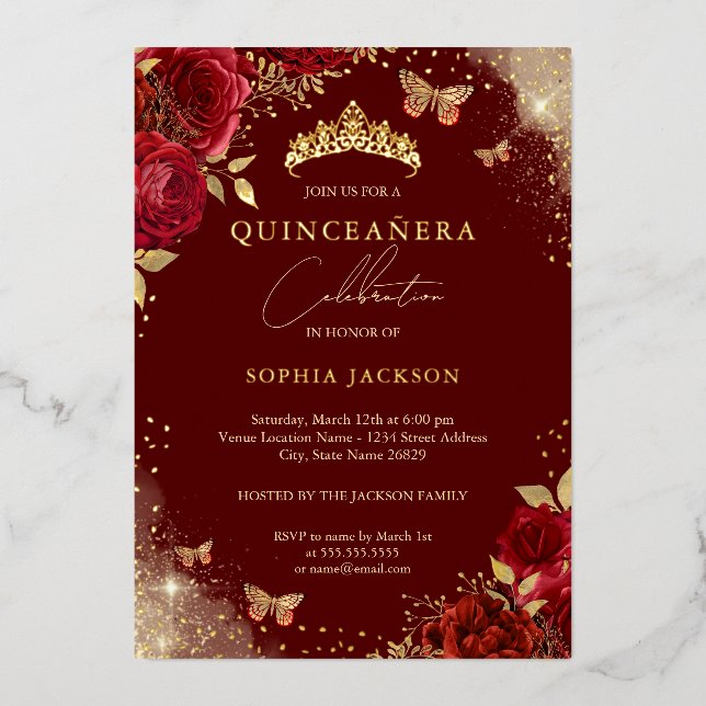 Butterfly Red Rose Gold Tiara Quinceanera  Foil Invitation (Front)