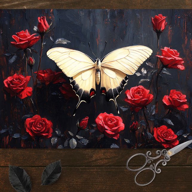 Butterfly Resting Among Vibrant Red Roses Tissue Paper (Creator Uploaded)