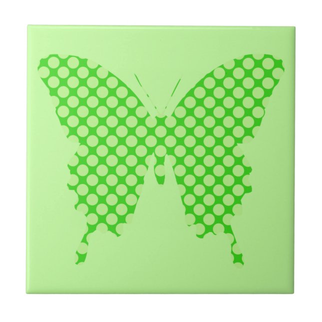 Butterfly, retro dots, shades of lime green ceramic tile (Front)