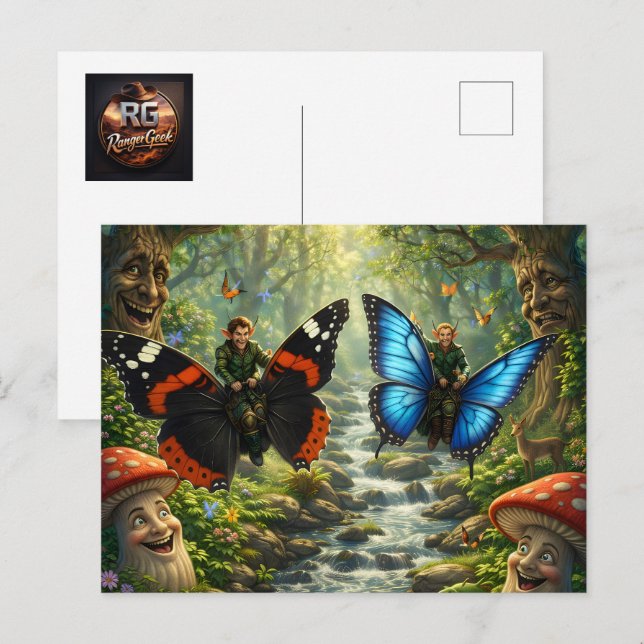 Butterfly rider elves, enchanted forest fantasy ar postcard (Front/Back)