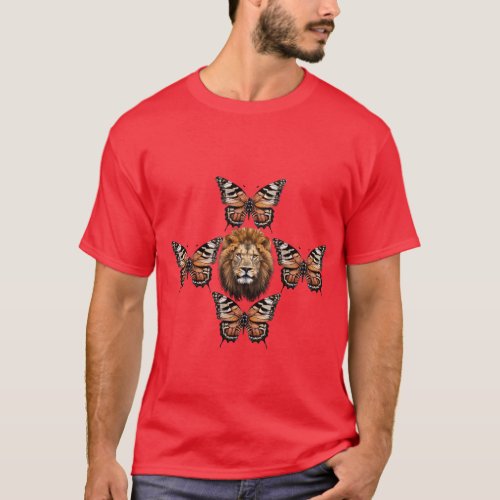 Butterfly roaring lion face crown wings T_Shirt