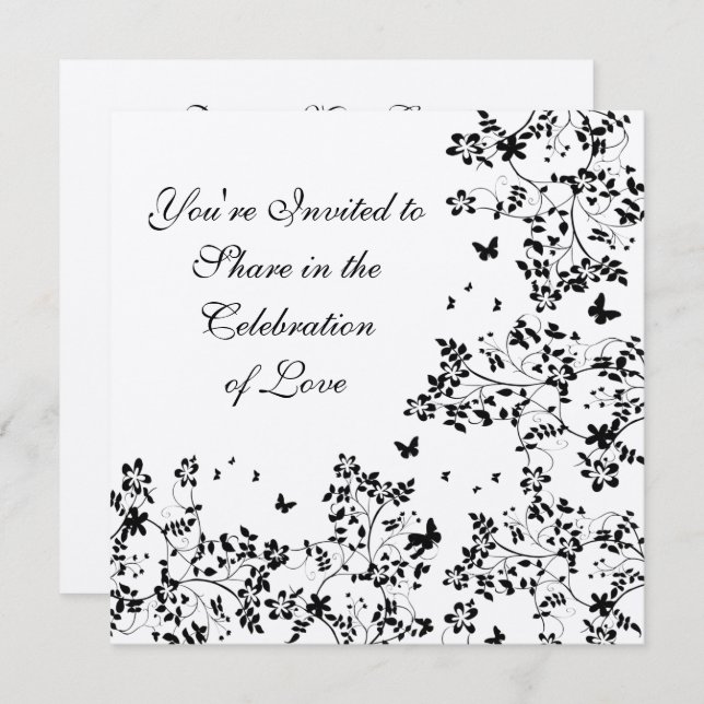 Butterfly Romance / Black And Metallic Silver Invitation (Front/Back)