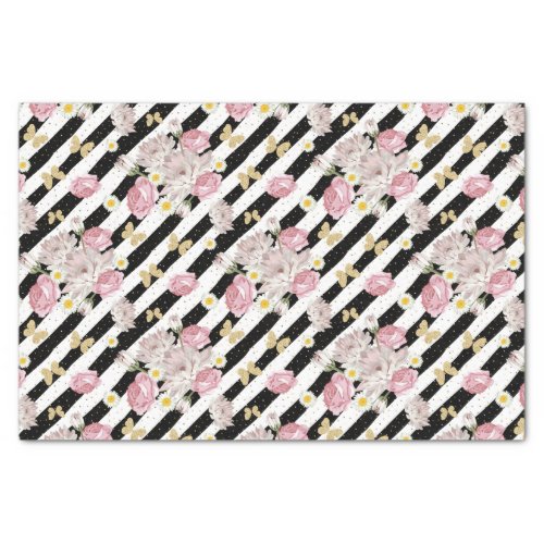 Butterfly Rose Daisy Floral Black White Stripe Tissue Paper