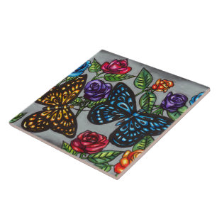 Butterfly rose flowers original nature drawing  ceramic tile