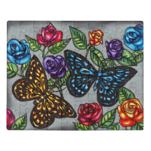 Butterfly rose flowers original nature drawing  jigsaw puzzle