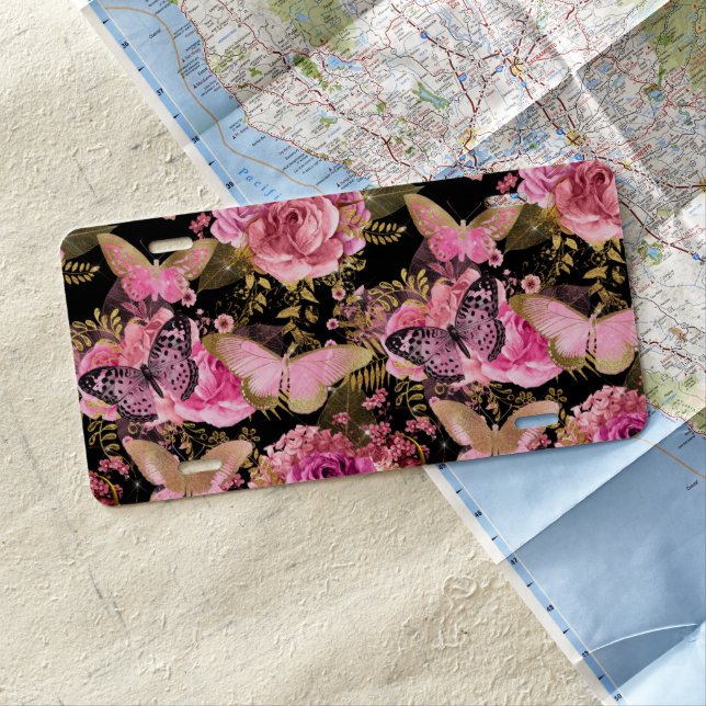 Butterfly Rose Garden Floral Flower Cute Aesthetic License Plate (In Situ)