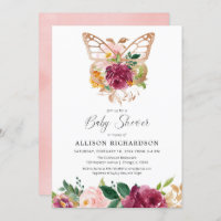 Butterfly rose gold blush burgundy floral girl invitation