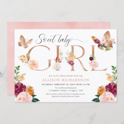Butterfly rose gold blush pink girl baby shower invitation
