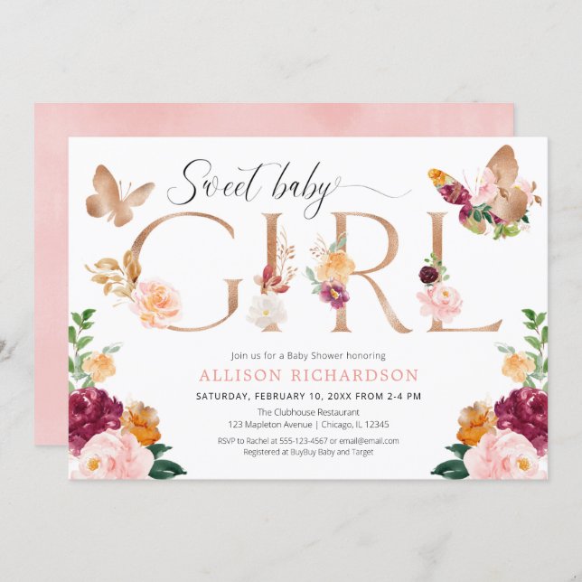 Butterfly rose gold blush pink girl baby shower invitation (Front/Back)