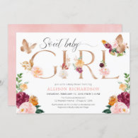 Butterfly rose gold blush pink girl baby shower invitation