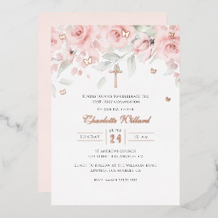 Butterfly Rose Gold Cross Girls First Communion Foil Invitation