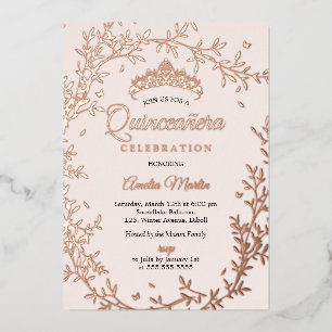 Butterfly Rose Gold Leaf Wreath Quinceanera Foil Invitation