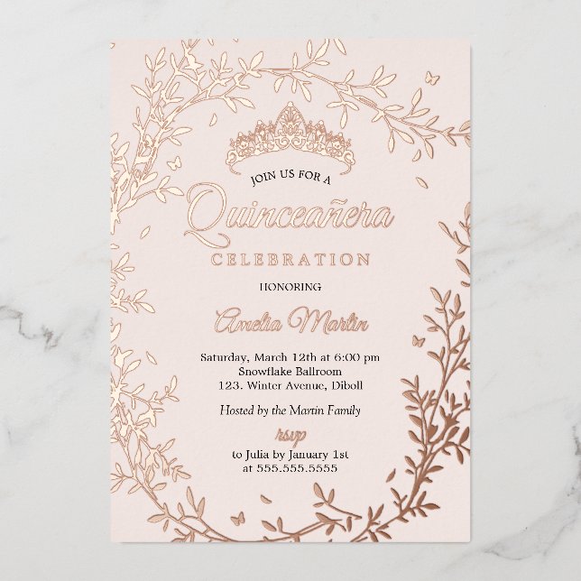 Butterfly Rose Gold Leaf Wreath Quinceanera Foil Invitation (Front)