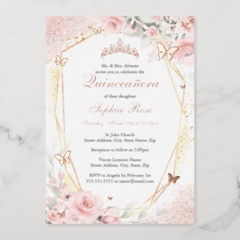 Butterfly Rose Gold Pink Blush Floral Quinceanera Foil Invitation by LittleBayleigh at Zazzle