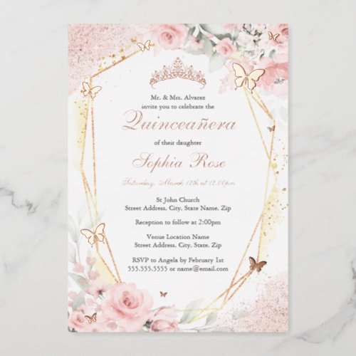 Butterfly Rose Gold Pink Blush Floral Quinceanera Foil Invitation