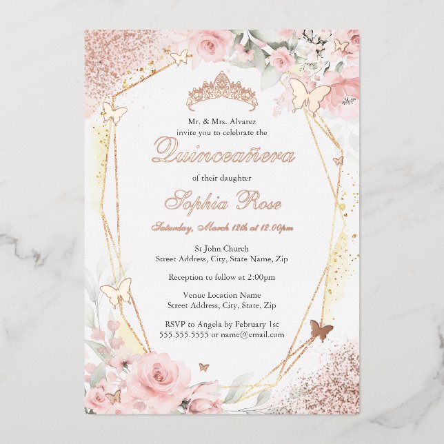 Butterfly Rose Gold Pink Blush Floral Quinceanera Foil Invitation