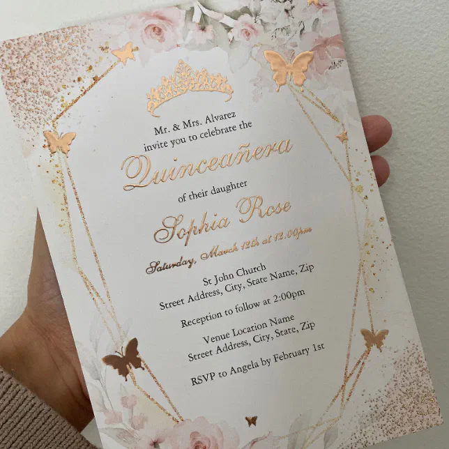 Butterfly Rose Gold Pink Blush Floral Quinceanera Foil Invitation | Zazzle