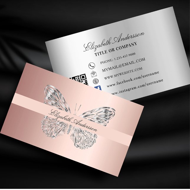Butterfly rose gold silver QR code social media Business Card (Creator Uploaded)