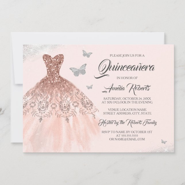 Butterfly Rose Gold Sparkle Dress Quinceanera Invitation (Front)