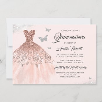Butterfly Rose Gold Sparkle Dress Quinceanera Invitation by LittleBayleigh at Zazzle