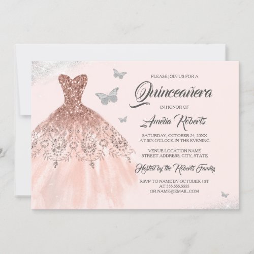 Butterfly Rose Gold Sparkle Dress Quinceanera Invitation