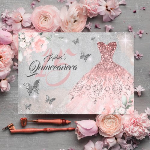 Butterfly Rose Gold Sparkle Dress Quinceanera Invitation