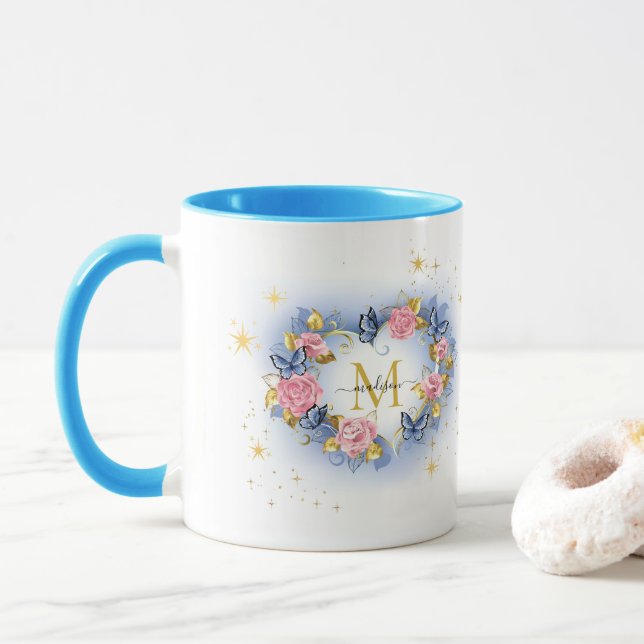 Butterfly & Rose Heart I Monogram Gold Initial Mug (With Donut)