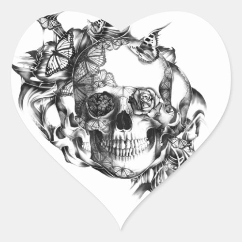 Butterfly Rose Skull from hand illustration Heart Sticker