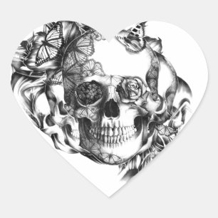 Butterfly Rose Skull from hand illustration Heart Sticker
