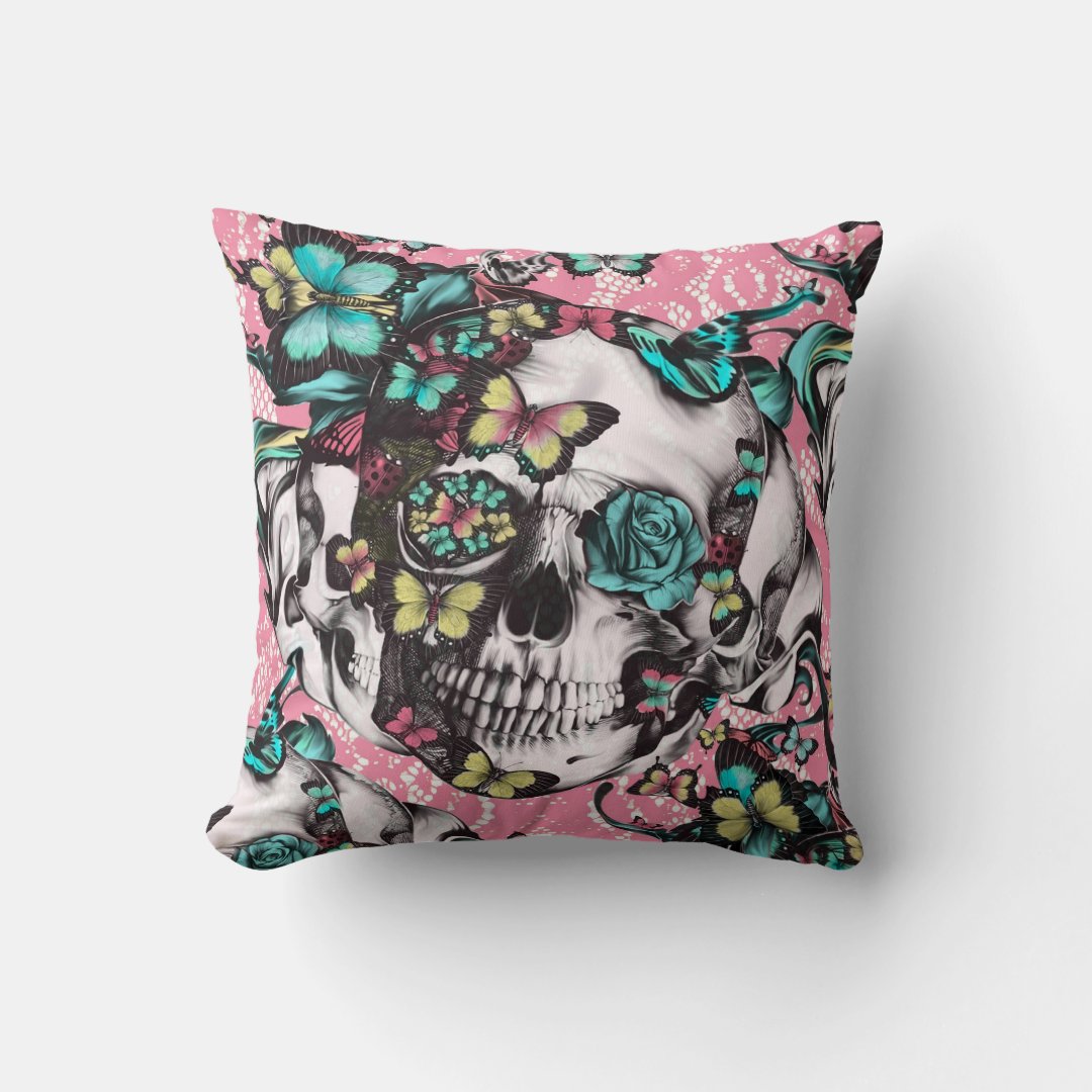 Butterfly rose skull on pink lace. throw pillow Zazzle