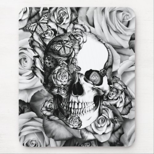 Butterfly rose skull with ladybugs mouse pad