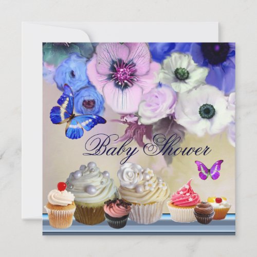 BUTTERFLYROSESFLOWERS CUPCAKES Blue Baby Shower Invitation