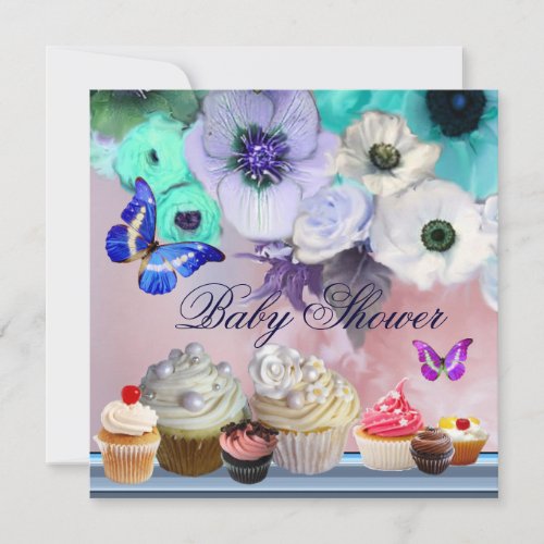 BUTTERFLYROSESFLOWERS CUPCAKES Blue Baby Shower Invitation