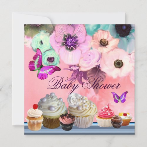 BUTTERFLYROSESFLOWERS CUPCAKES Pink Baby Shower Invitation